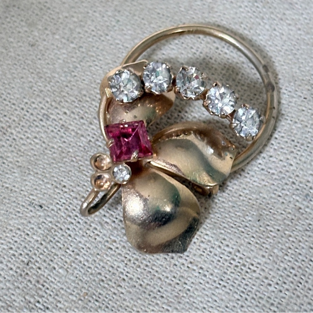 Vintage Gold Pink Rhinestone Floral Spray Retro MCM Pin Brooch